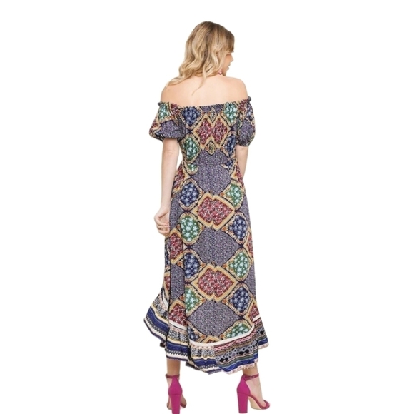 New Umgee Navy/Mix Scarf Print Off Shoulder Dress Size Large - Picture 4 of 4